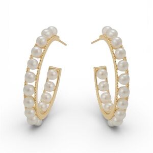 Pearl Hoop Earrings 14k Gold Plated 925 Sterling Silver